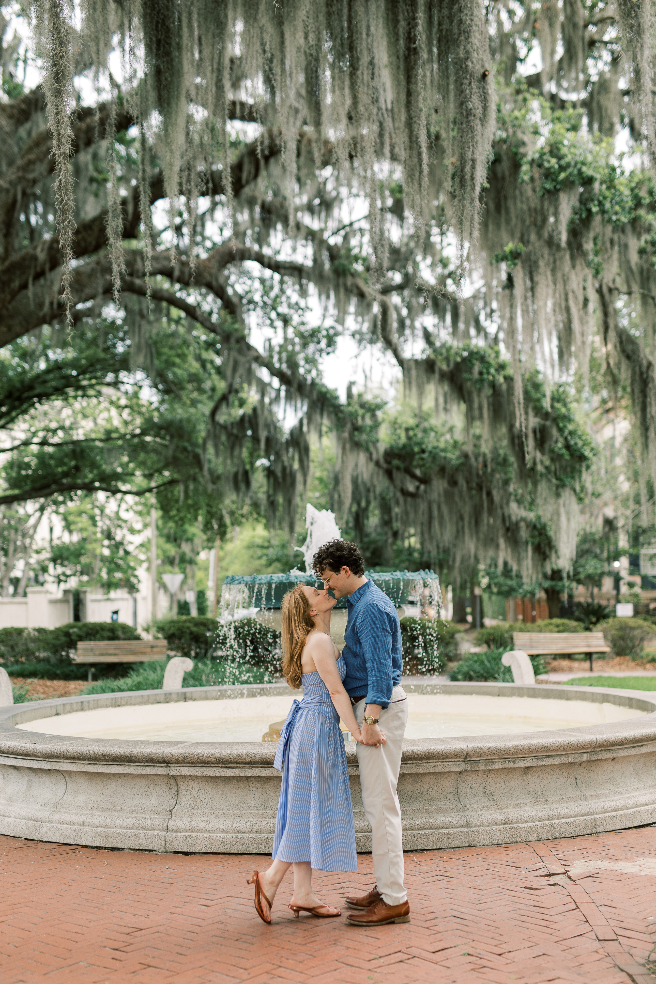 Morgan and Brendan sharing a classic engagement portrait in Savannah
