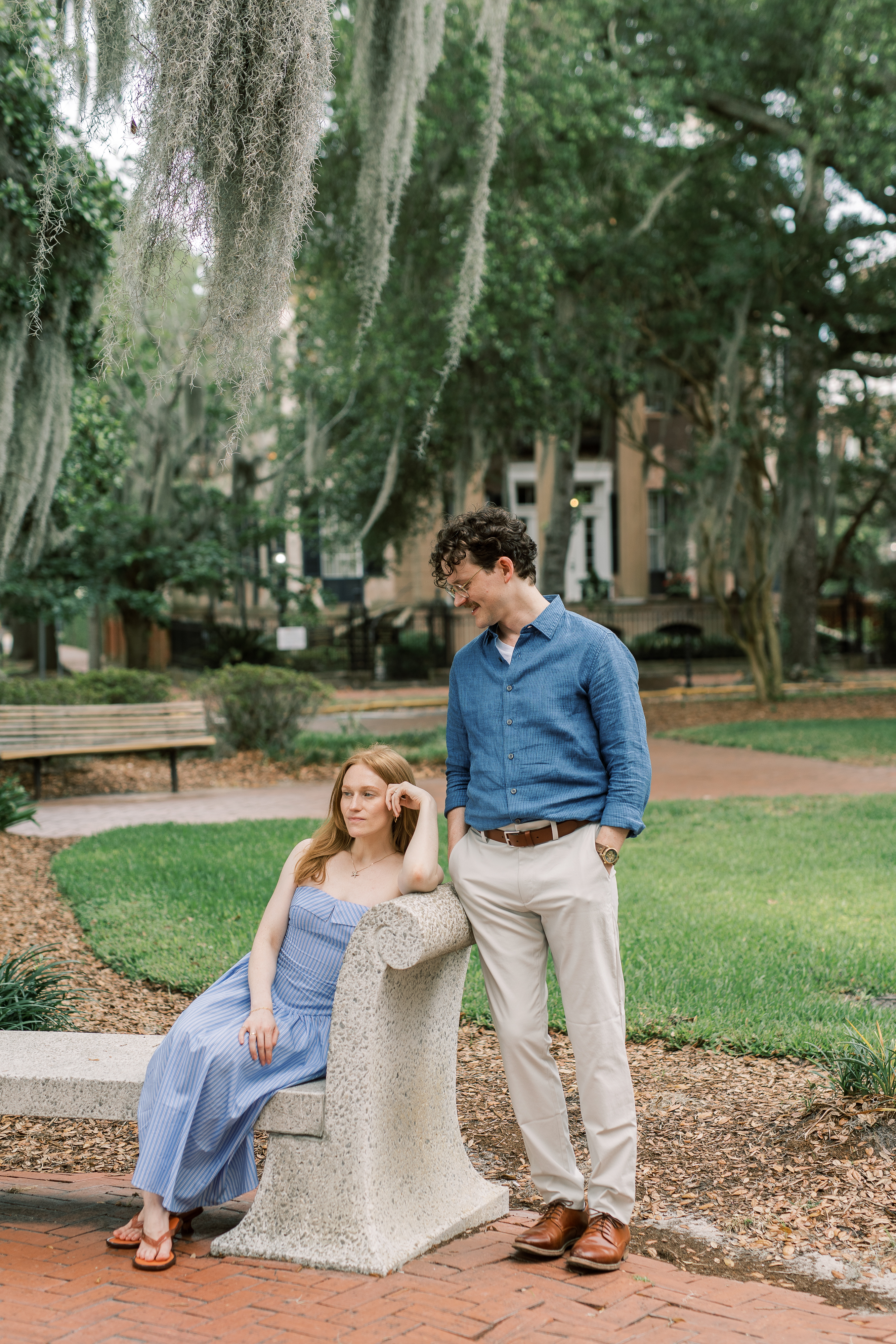 Morgan and Brendan posing in Savannah's historic district